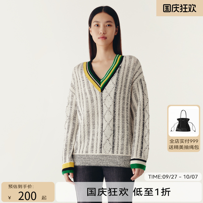 HPLY荷比俪2022冬季新款女学院风撞色领口休闲针织衫HMC43650160