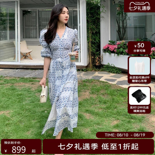 HPLY荷比俪22夏新款女复古廓形宽腰封泡泡袖连衣裙HMC28750261-1