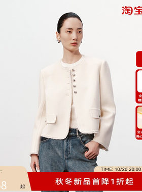 H·GENTEEL荷高奥莱新款冬装女简约小香风圆领短外套双面呢上衣