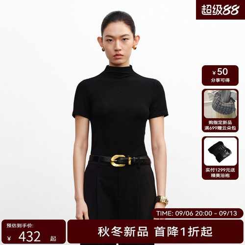 H·GENTEEL荷高24新款秋装女堆堆半高领复古针织短袖GUE33610626