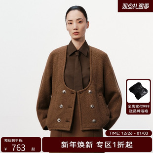 H·GENTEEL荷高新款 女复古U领宽松毛呢外套GCE42520540T 冬装