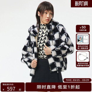 H·GENTEEL荷高冬季 皮毛一体连帽廓形棋盘格时髦皮草