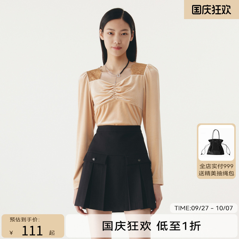 HPLY荷比俪秋季新款女蕾丝拼接复古方领气质上衣HMC32610306
