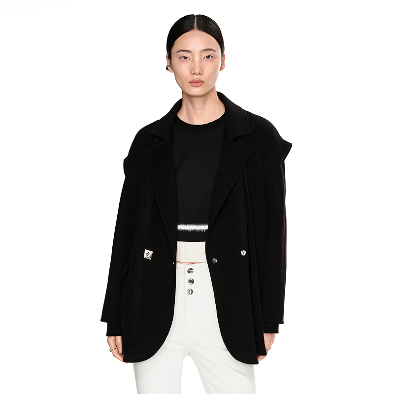 H·GENTEEL荷高年新款冬装女不对称口袋双面毛呢大衣