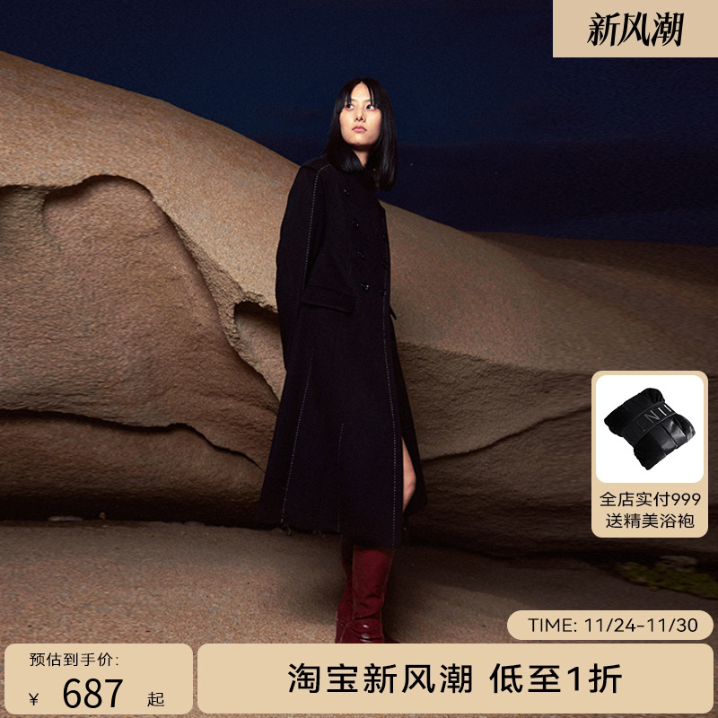 H·GENTEEL荷高年新款冬装女撞色装饰收腰设计大衣