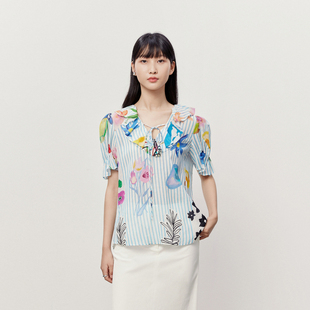 HPLY荷比俪夏季 新款 女条纹印花花朵舒适系带上衣HRD24610192