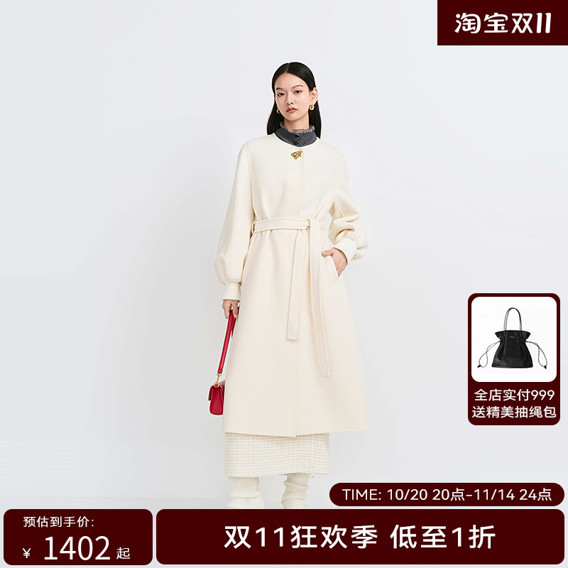 【商场同款】HPLY荷比俪2024冬季新款女灯笼袖系带H型宽松长大衣