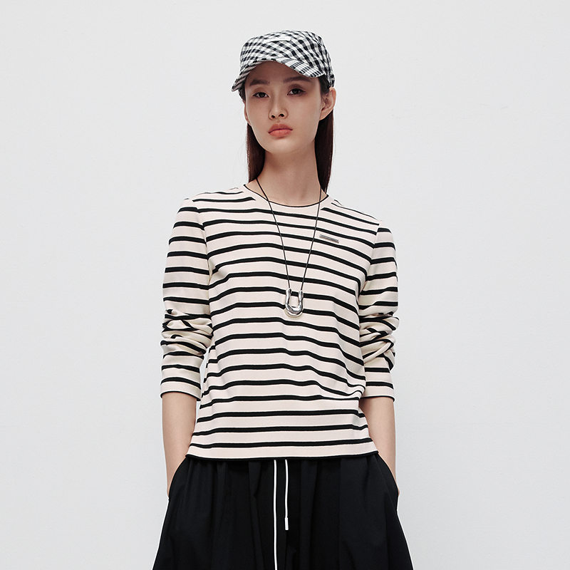 H·GENTEEL荷高2025新款秋女经典条纹修身时尚通勤长袖T恤