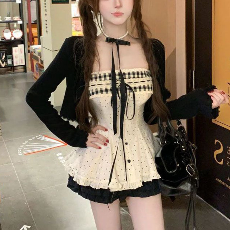 长袖开衫修身波点上衣半身裙套装