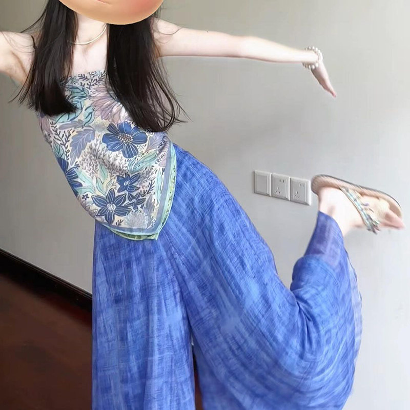 度假风辣妹气质套装女夏季印花吊带背心上衣高腰阔腿裙裤子两件套
