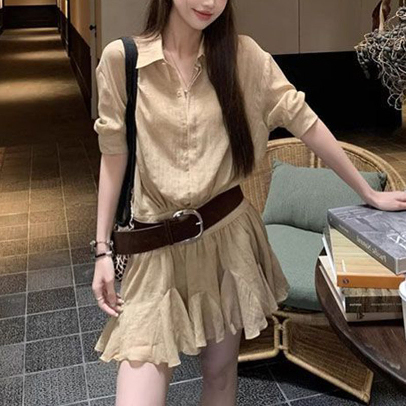 复古气质高级感短袖衬衫连衣裙女