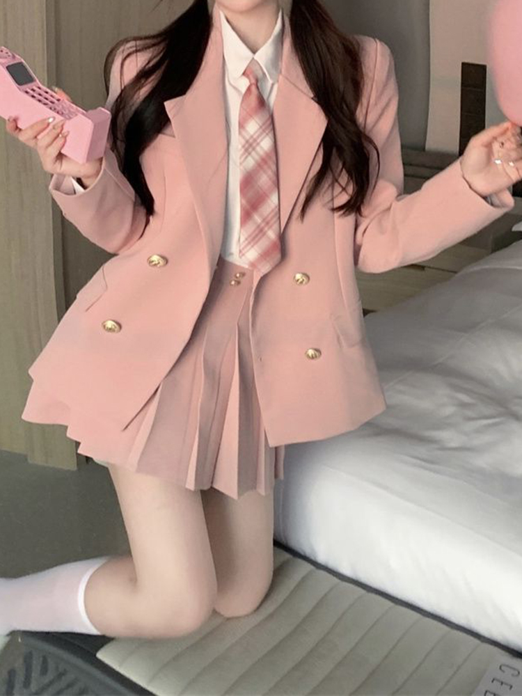 纯欲学院风套装女春秋季JK制服西装短外套白色衬衣百褶短裙三件套