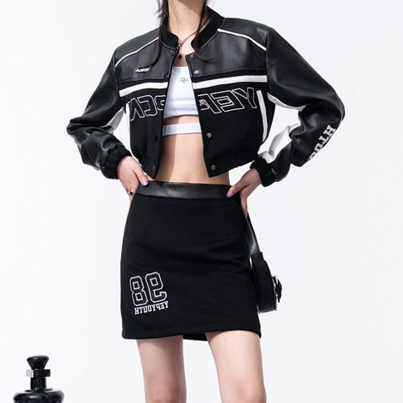 美式辣妹刺绣撞色拼接皮衣外套女