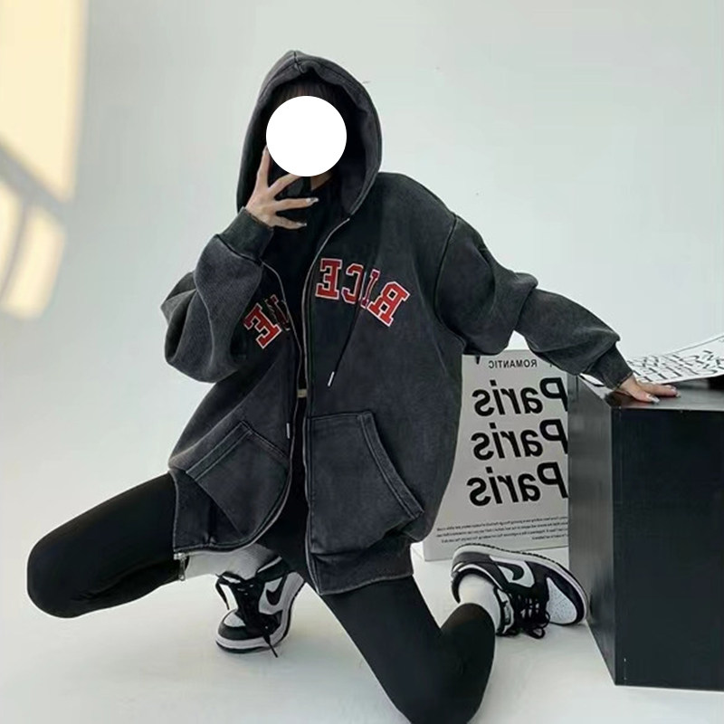 美式复古宽松做旧连帽卫衣男女潮