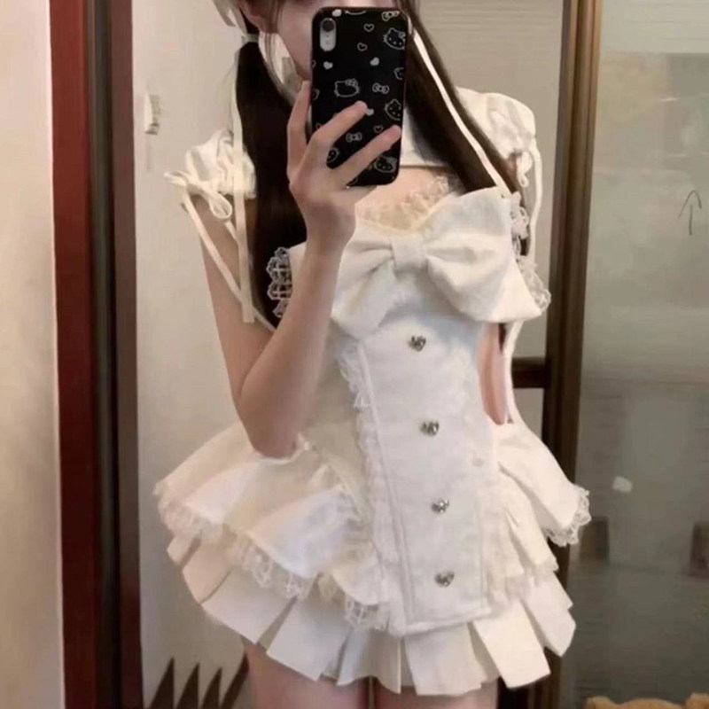 蝴蝶结泡泡上衣半身百褶裙两件套