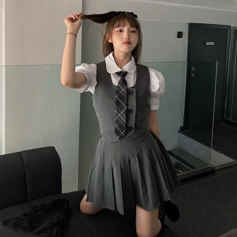 西装学院风英伦甜美领结马甲衬衫百褶裙校园jk韩系校服套装春季女