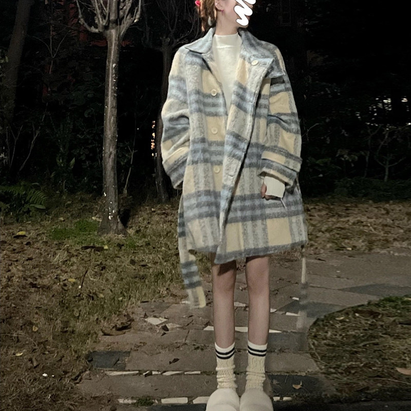 韩版夹棉加厚宽松格纹毛呢外套女