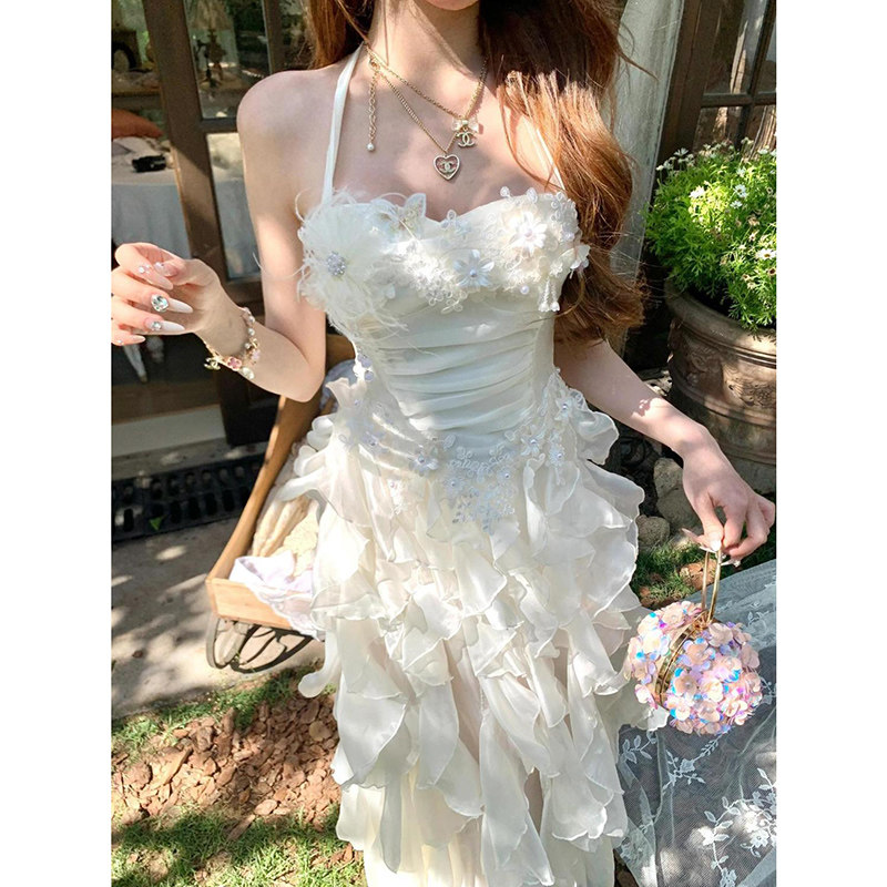 法式纯欲风修身花朵吊带连衣裙女