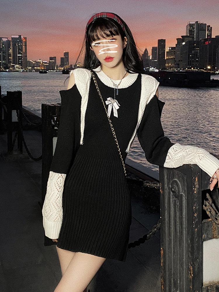 设计感辣妹复古针织连衣裙女秋冬