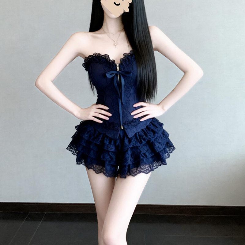 抹胸收腰上衣蕾丝蛋糕半身裙套装