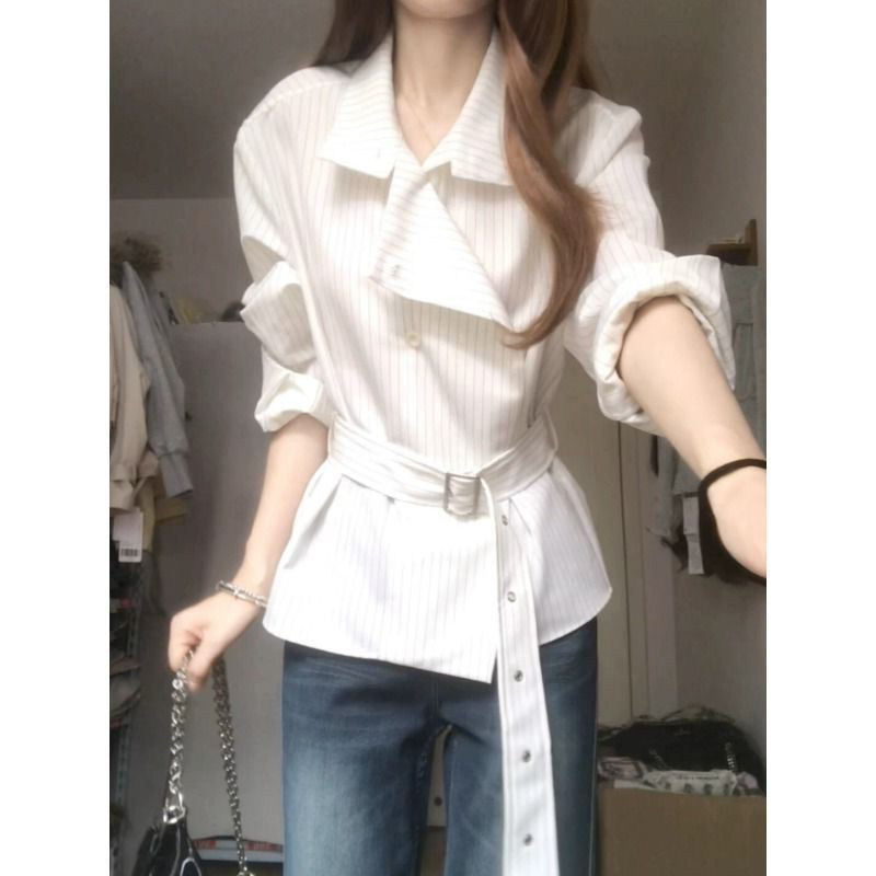 韩版气质通勤竖条纹翻领长袖衬衫