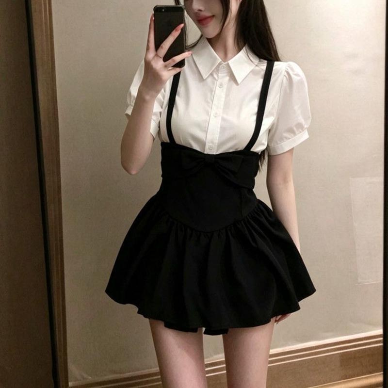 泡泡袖衬衣蝴蝶结背带蓬蓬裙套装