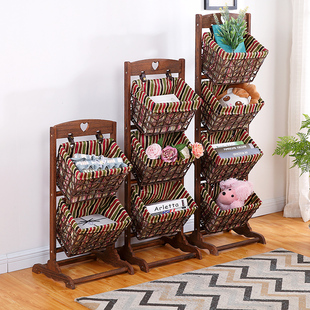 卧室置物架藤编收纳筐编织布艺玩具零食落地多层收纳架实木收纳篮