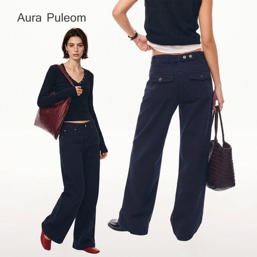 Aura Puleom美式复古中腰藏青色宽松阔腿牛仔裤女直筒长裤