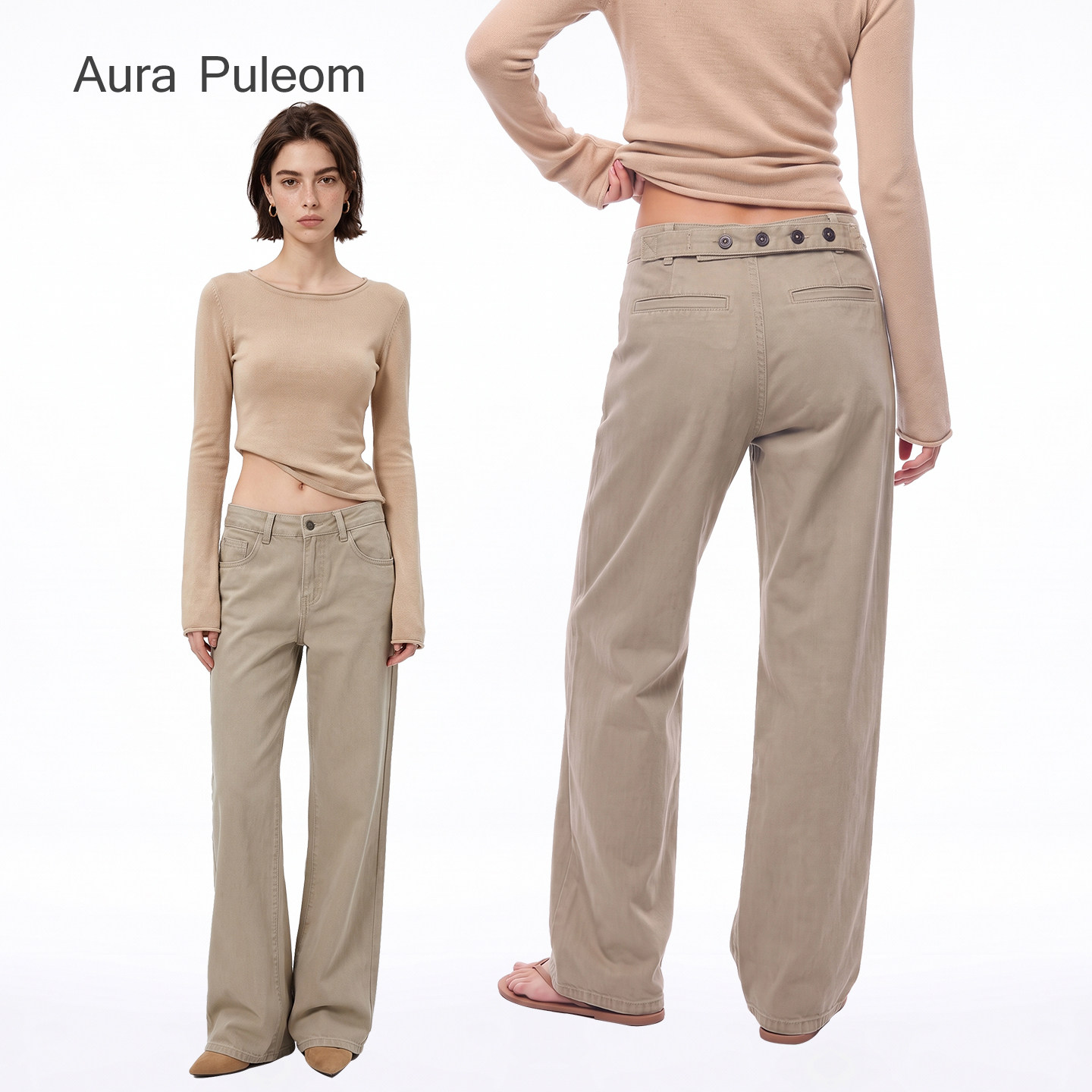 Aura Puleom美式复古中腰宽松阔腿全棉牛仔裤女休闲日常直筒长裤