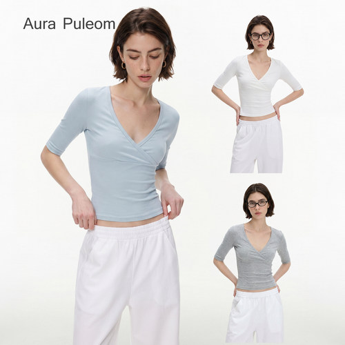 Aura Puleom 低胸交叉纯色修身中袖短款白女风上衣露腰短款T恤女
