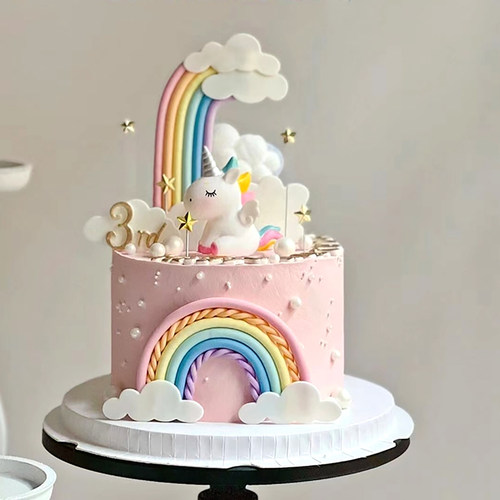 彩虹独角兽女孩生日蛋糕装饰摆件