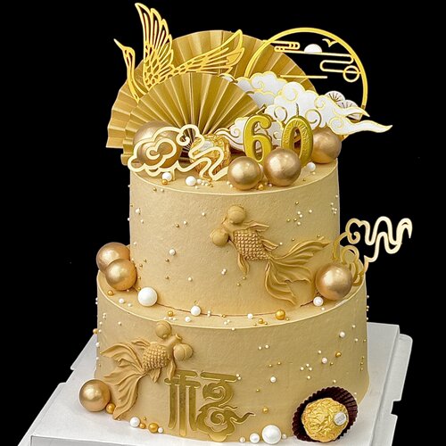 金色祝寿蛋糕装饰摆件