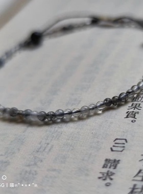 超细2mm天然红胶花黑发晶水晶情侣手链 纯手工编抽绳款可调节手链