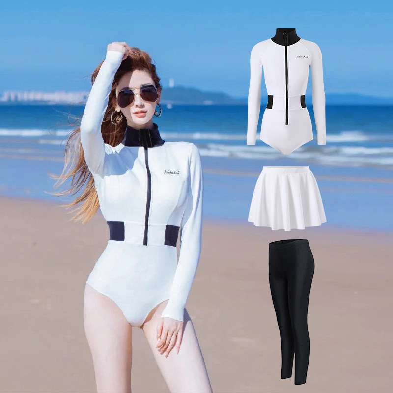 防晒泳衣女潜水服浮潜水母衣长袖短裙速干温泉纯色连体大码泳装