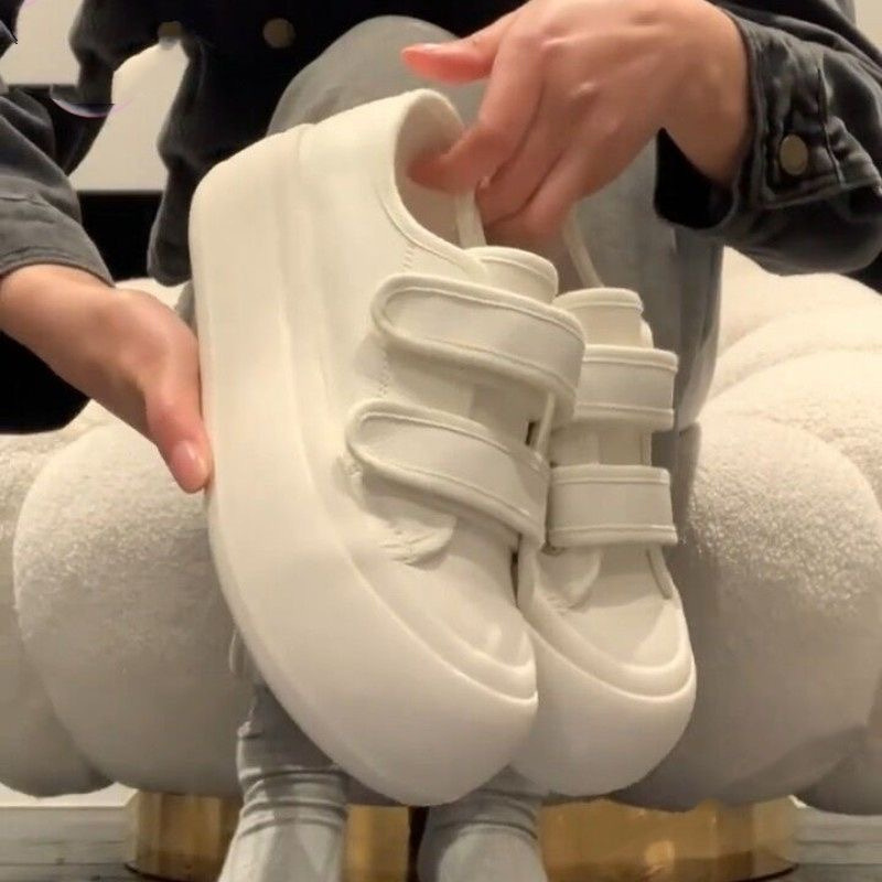 魔术贴厚底小白鞋女2024春季新款白色帆布鞋丑萌大头港风休闲