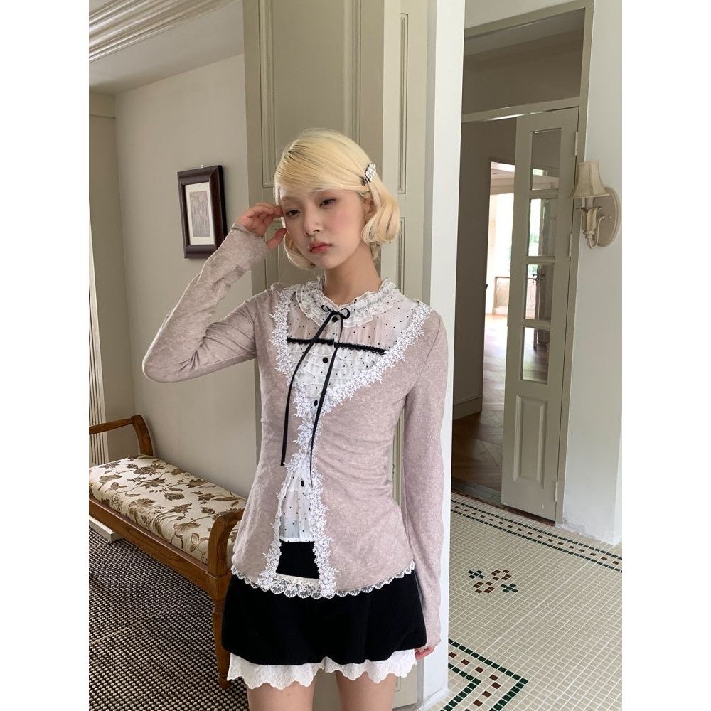 【甜系少女】复古甜美花边领开衫+波点衬衣+黑色短裤套装三件套女