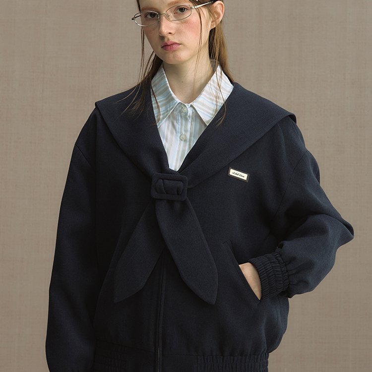 学院风复古宽松海军领夹克女
