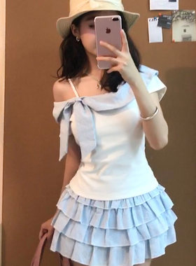 日系纯欲漏肩短袖上衣蛋糕短裙女