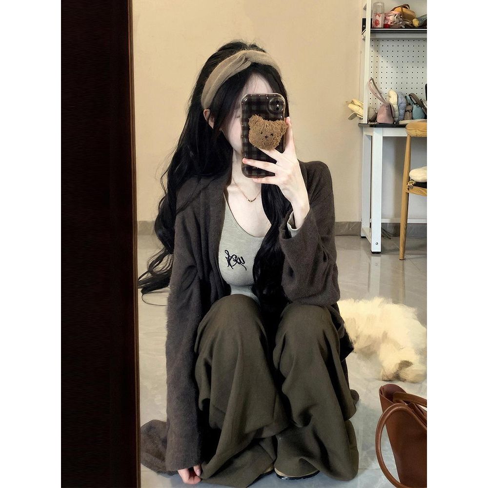 慵懒摩卡 慵懒风气质休闲长袖开衫吊带背心高腰阔腿裤松弛感套装