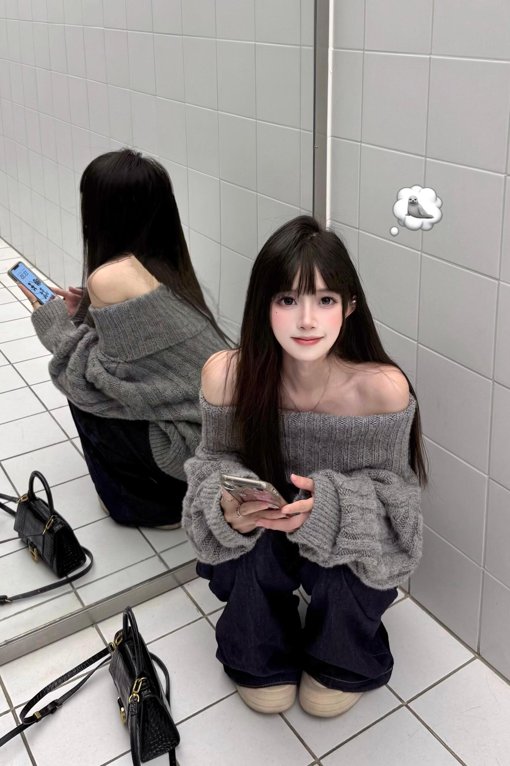 thumbnail for Korean autumn and winter gray off-the-shoulder sweater top, one-length shoulder loose and slim, high-end twist lazy style knitwear