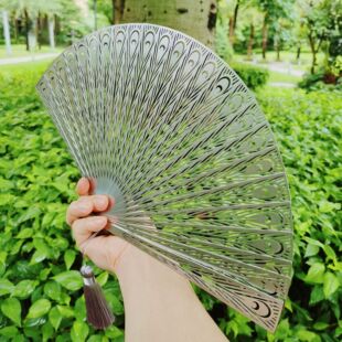 新中式金属全不锈钢骨架孔雀古风铁折扇旅游防身钛武器铝兵器合金