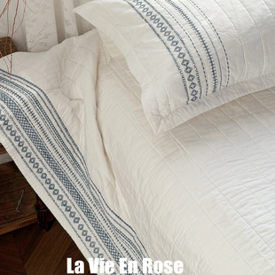 外贸欧美全棉绗缝十字绣床盖三件套夹棉榻榻米床盖毯可铺可盖