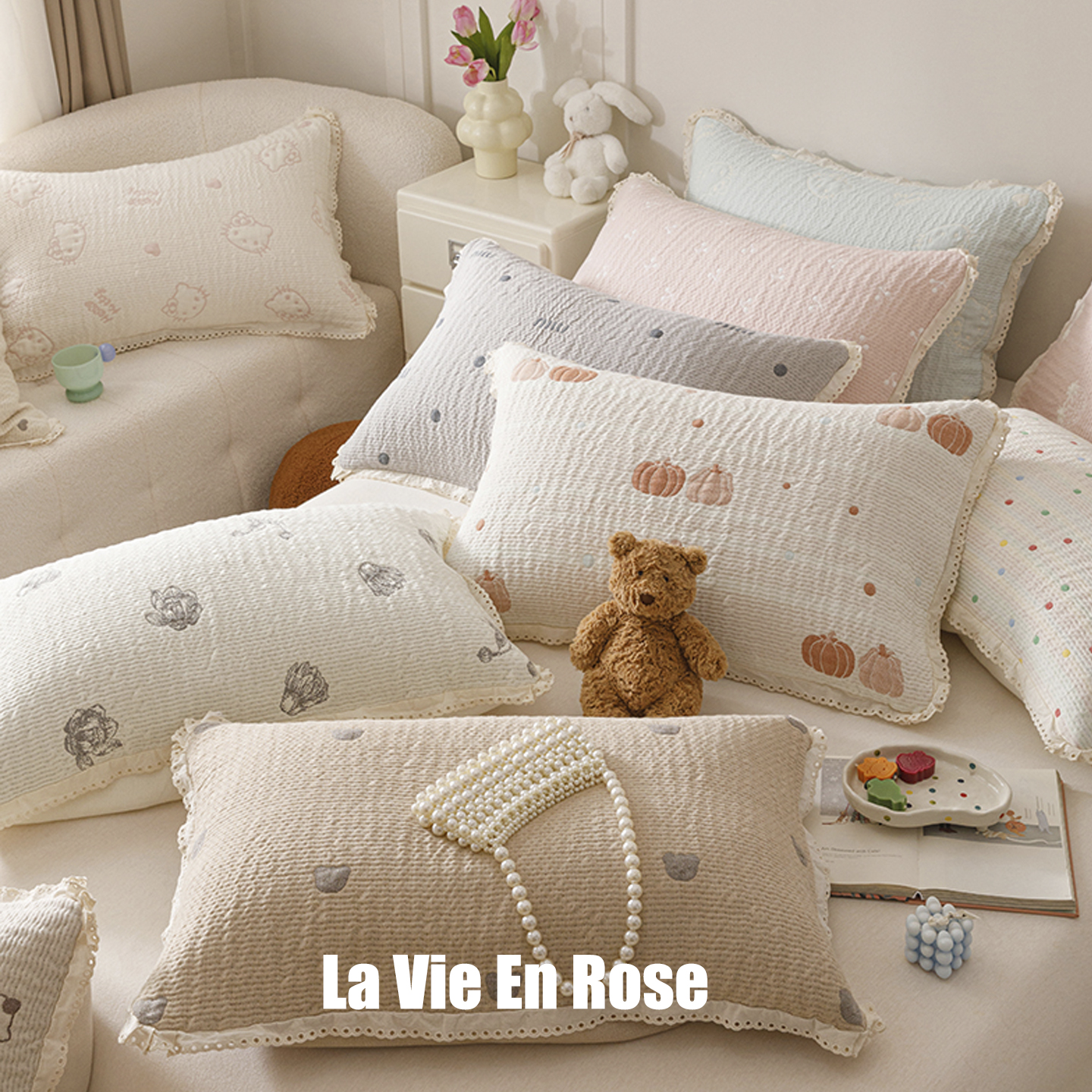 韩国清新纱布色织提花枕套软糯枕头罩套柔软顺滑花边隔脏加厚