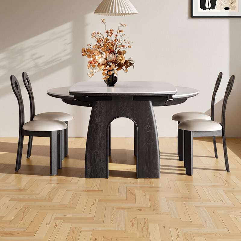 北欧黑色复古可伸缩实木岩板餐桌