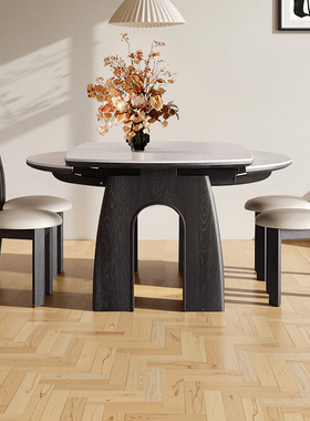 黑色复古实木岩板伸缩餐桌可变圆桌北欧家用小户型折叠两用饭桌椅