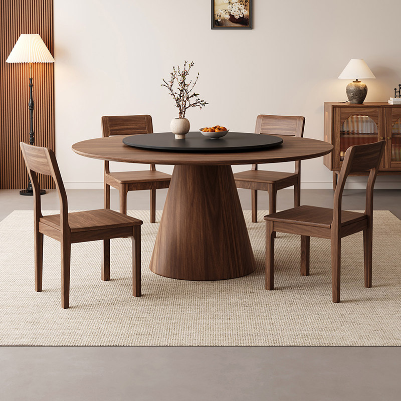 黑胡桃实木圆形餐桌椅组合家用复古风圆桌带转盘2026新款吃饭桌子