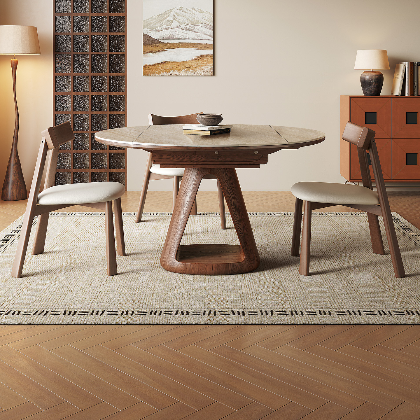 洞石岩板伸缩实木餐桌可变圆桌