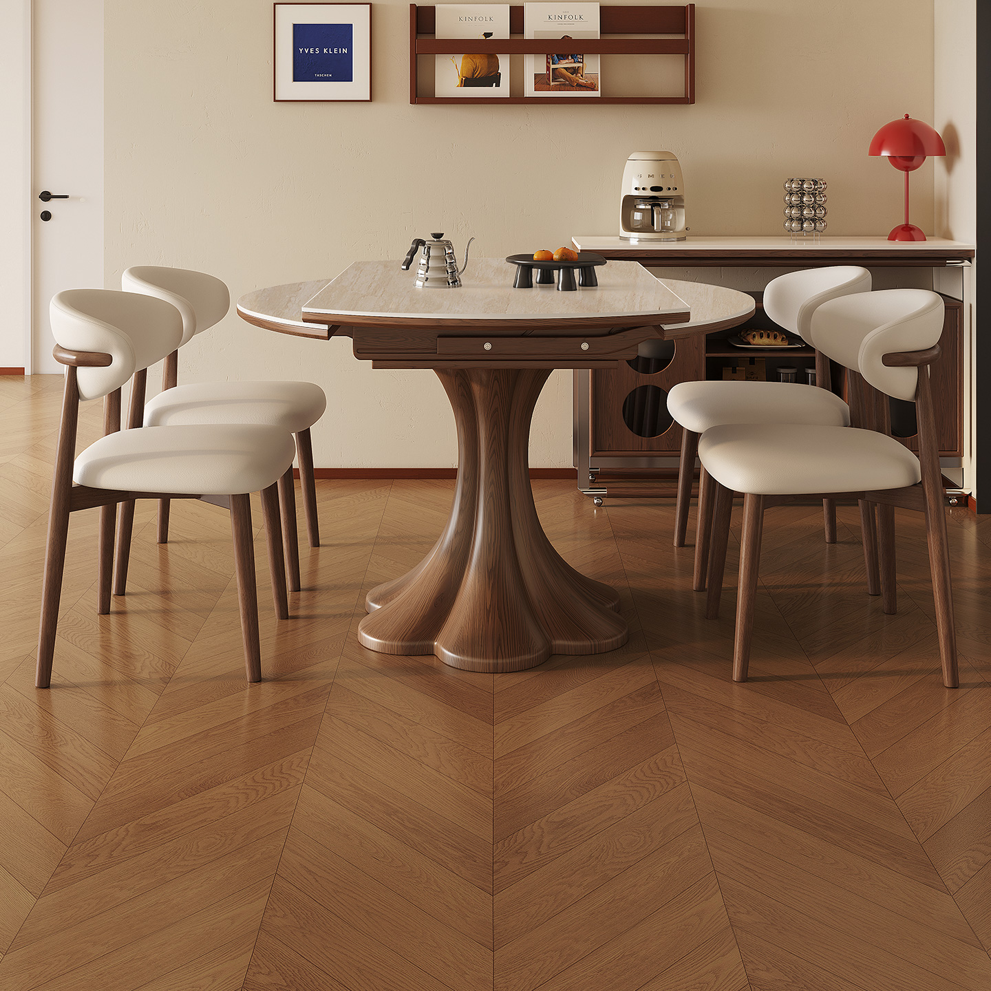 中古风洞石岩板伸缩餐桌可变圆桌