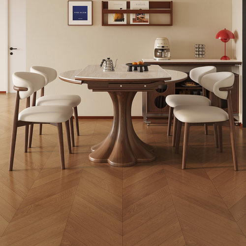 中古风洞石岩板伸缩餐桌可变圆桌