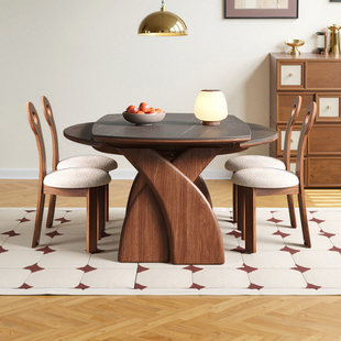 中古风白蜡木纹实木折叠餐桌可变圆桌洞石岩板伸缩家用小户型饭桌